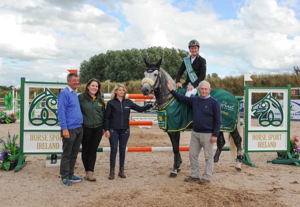 Ray Buchanan (Showjumping Ireland Chairman), Lynda Fraher (TRM) Lorraine MacGuinness (Horseware) Eamon Rice (Chairman of National Competitons Committee) pictured with Alexander Butler (National Champion 2015).